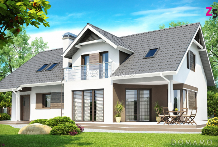 Проект одноэтажного мансардного дома из газобетона со встроенным гаражом и угловой террасой