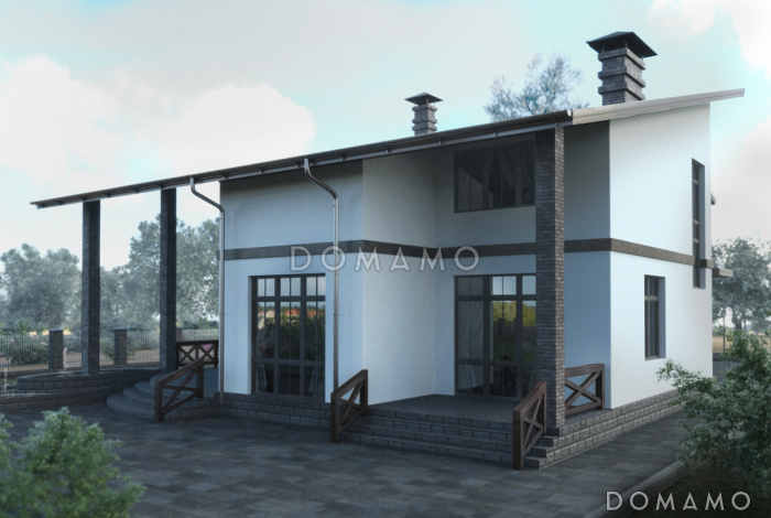 Проект дома с пятью спальнями, открытой планировкой дневной зоны с закругленным углом