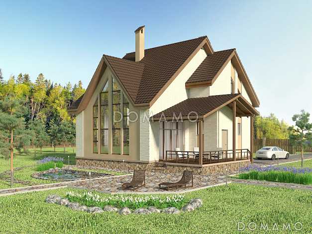 Проект коттеджа с двусветной гостиной и террасой.