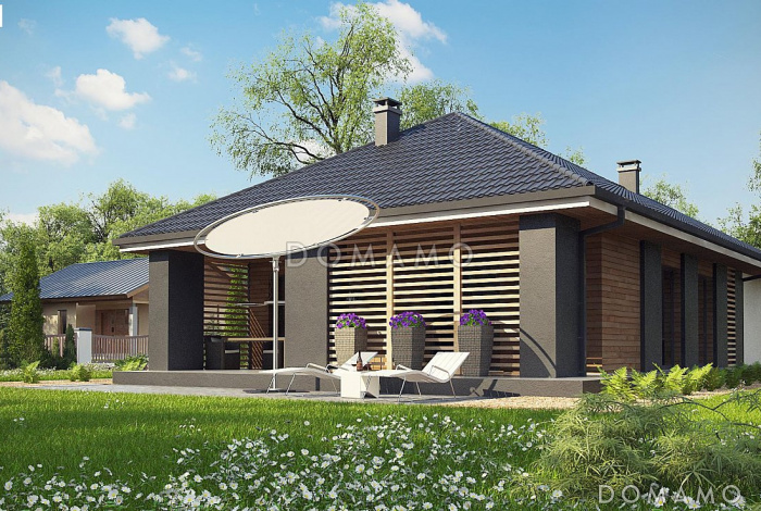 Проект одноэтажного дома из кирпича с тремя спальнями, гаражом на два автомобиля и уютной крытой террасой