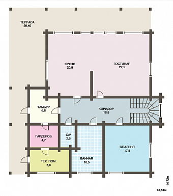 Проект одного из самых популярных домов из клееного бруса / План 1 этажа