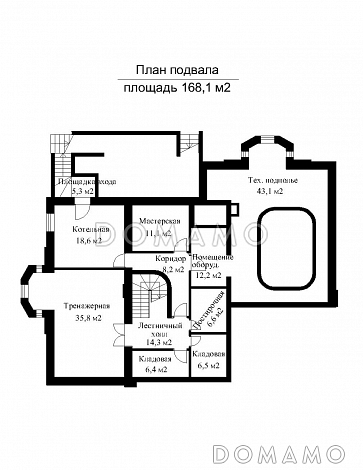 Проект импозантного особняка с гаражом на две машины, бассейном и тренажерным залом / План цокольного этажа