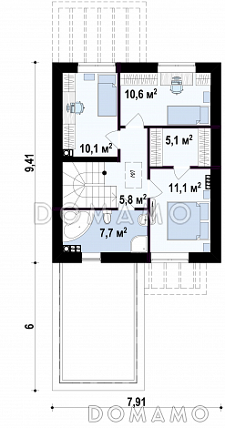 Проект двухэтажного дома из газобетона с фронтальным гаражом для узкого участка / План 2 этажа