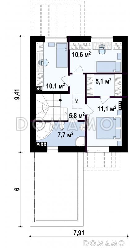 Проект двухэтажного дома из газобетона с фронтальным гаражом для узкого участка / План 2 этажа