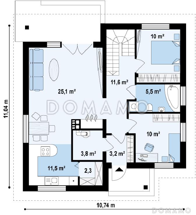 Проект одноэтажного дома из газобетона с двумя спальнями и крытой террасой с жилой мансардой / План 1 этажа