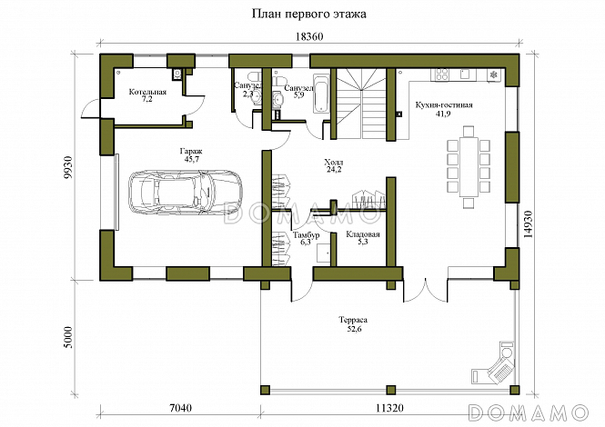 Проект двухэтажного дома с гаражем, тремя спальнями и просторной крытой террасой / План 1 этажа