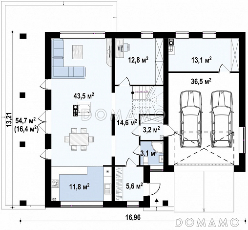 Проект современного двухэтажного дома из газобетона с четырьмя спальнями, кабинетом и гаражом / План 1 этажа