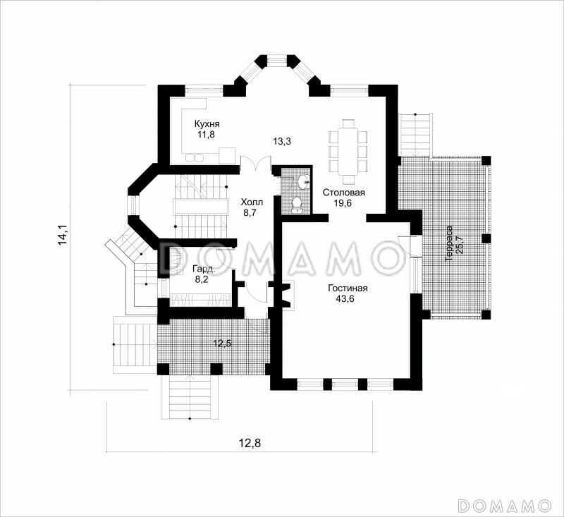 Проект коттеджа с подземным гаражом / План 1 этажа