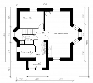 Проект экономичного коттеджа с остеклённым балконом. / План 1 этажа